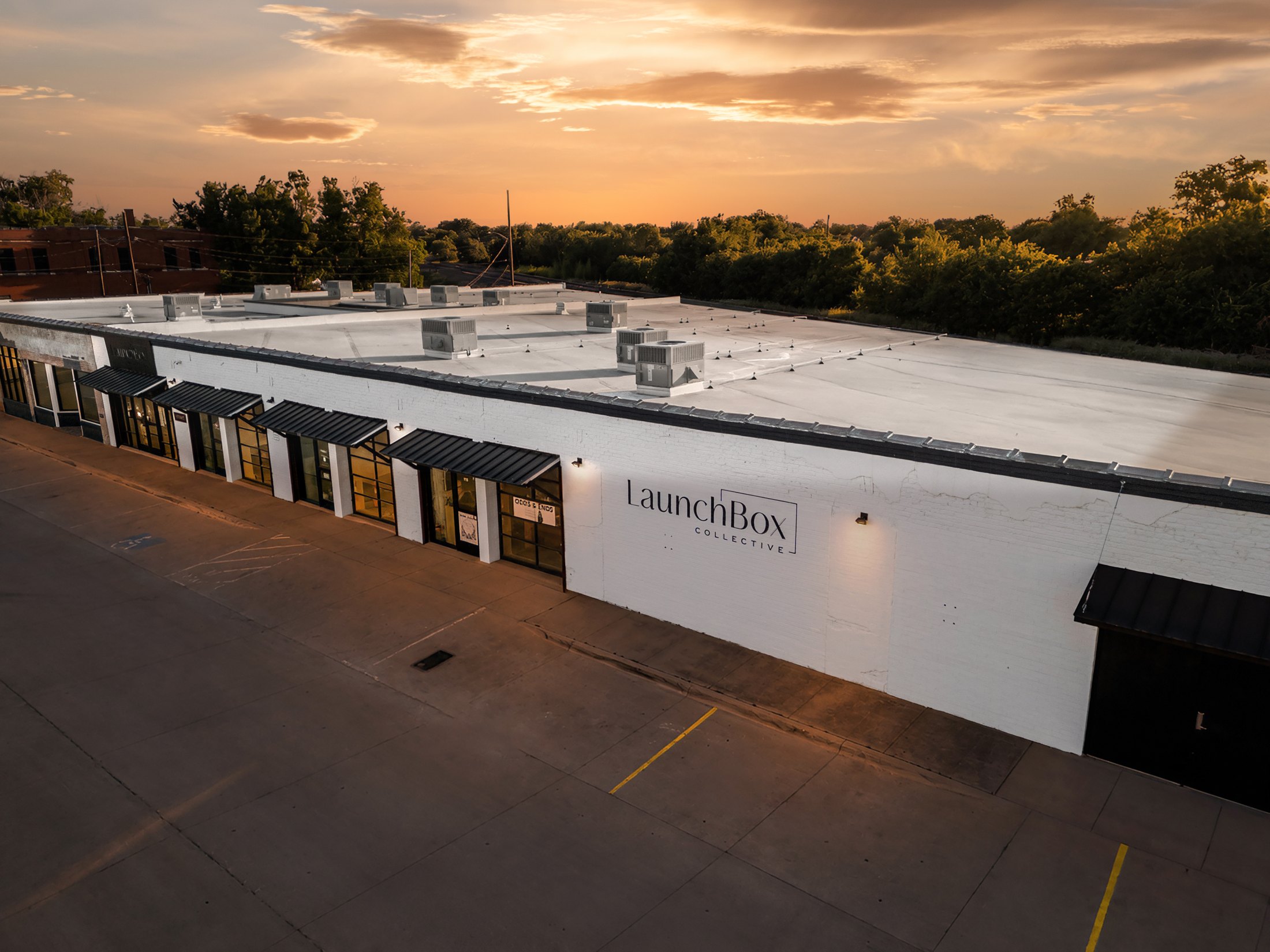 LaunchBox Collective campus in Fort Worth at sunset